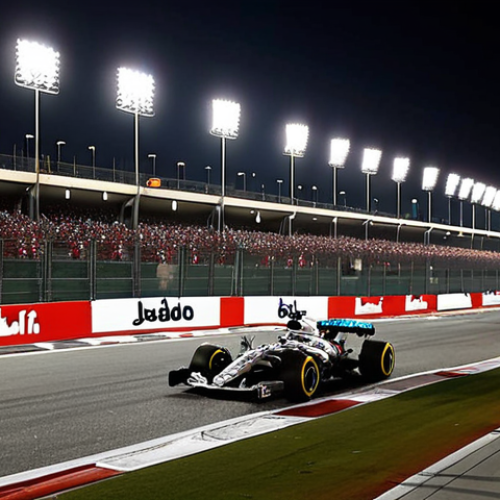 Home 11 ** Formula 1 race at night on the Bahrain International Circuit. Focus on the speed and lights of the cars. Include the grandstands filled with cheering fans.
**