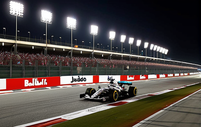 ** Formula 1 race at night on the Bahrain International Circuit. Focus on the speed and lights of the cars. Include the grandstands filled with cheering fans.
**