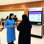 ** A modern, brightly lit hospital lobby in Bahrain. Focus on a diverse group of people – Bahraini citizens, expats from different backgrounds – interacting with digital kiosks for appointment booking and information. Doctors and nurses in clean, professional attire are visible in the background, conveying a sense of efficiency and advanced technology. The overall impression should be one of accessibility and quality care.

**