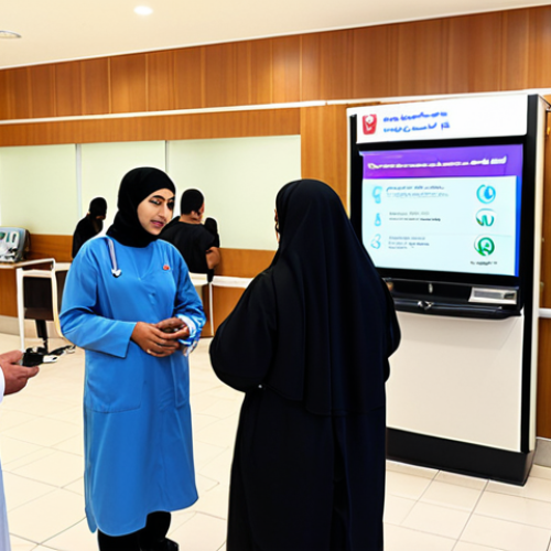 Home 6 ** A modern, brightly lit hospital lobby in Bahrain. Focus on a diverse group of people – Bahraini citizens, expats from different backgrounds – interacting with digital kiosks for appointment booking and information. Doctors and nurses in clean, professional attire are visible in the background, conveying a sense of efficiency and advanced technology. The overall impression should be one of accessibility and quality care.
**