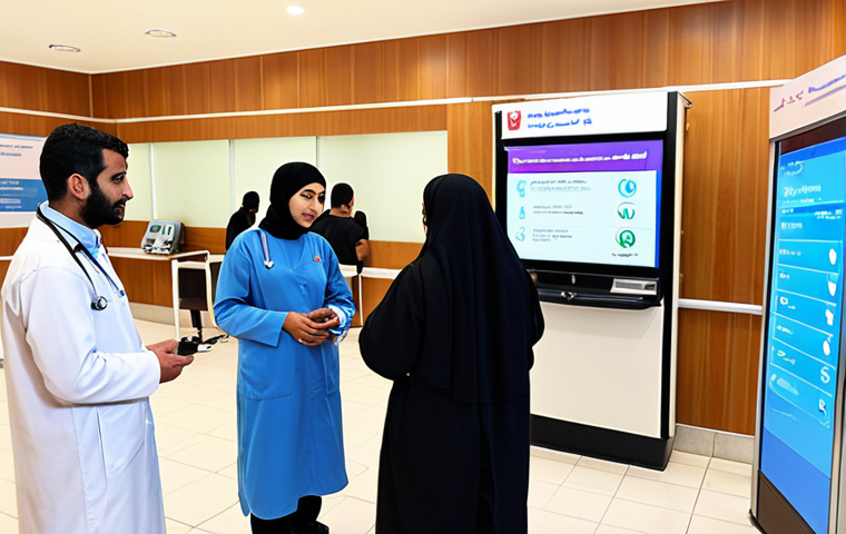 ** A modern, brightly lit hospital lobby in Bahrain. Focus on a diverse group of people – Bahraini citizens, expats from different backgrounds – interacting with digital kiosks for appointment booking and information. Doctors and nurses in clean, professional attire are visible in the background, conveying a sense of efficiency and advanced technology. The overall impression should be one of accessibility and quality care.
**