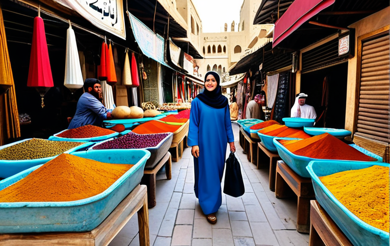 **

"A professional female traveler in modest clothing, exploring the Bab Al-Bahrain souk in Manama, surrounded by colorful spice stalls and local crafts, fully clothed, appropriate content, safe for work, perfect anatomy, natural proportions, professional travel photography, high quality."

**