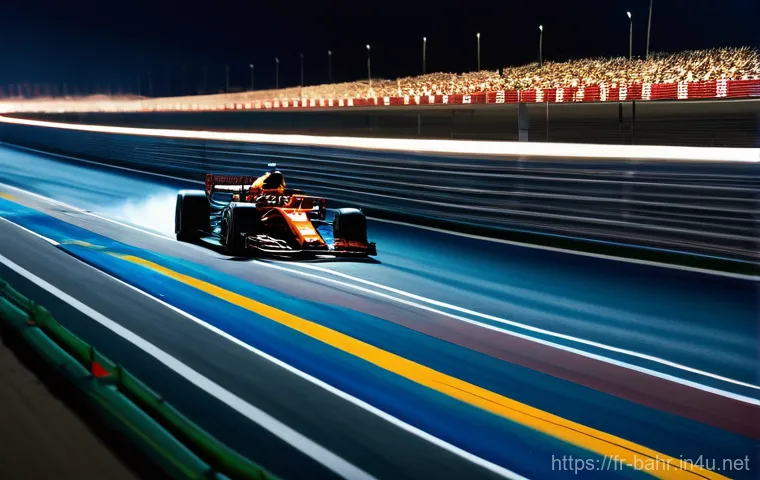 바레인의 자동차 레이싱 이벤트 - **Prompt:** "A thrilling wide-angle shot of a Formula 1 night race at the Bahrain International Circ...