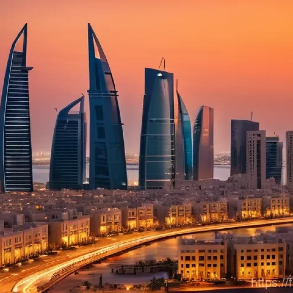 바레인의 주거지와 건축 양식 - A panoramic view of Manama, Bahrain, at sunset, showcasing a dynamic contrast between the city's tra...