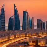바레인의 주거지와 건축 양식 - A panoramic view of Manama, Bahrain, at sunset, showcasing a dynamic contrast between the city's tra...