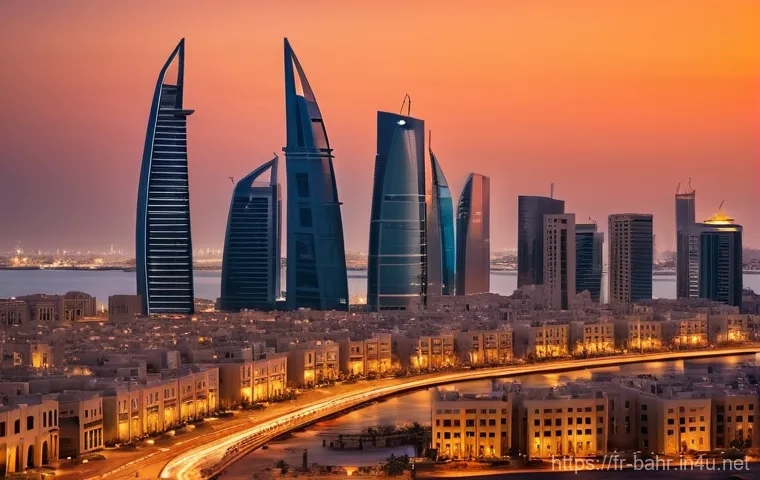 바레인의 주거지와 건축 양식 - A panoramic view of Manama, Bahrain, at sunset, showcasing a dynamic contrast between the city's tra...