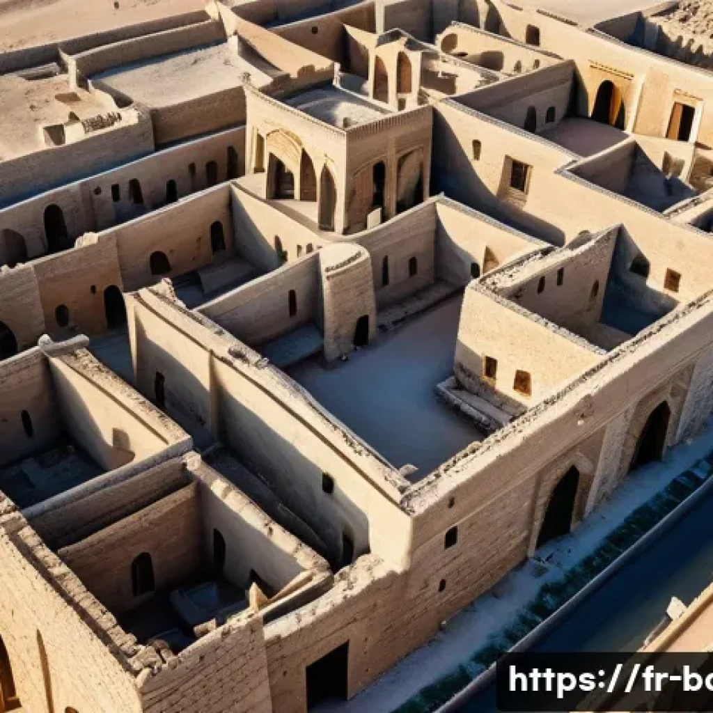 바레인의 역사적 발견 - A detailed aerial view of the ancient urban ruins of Qal'at al-Bahrain, showcasing well-preserved ci...