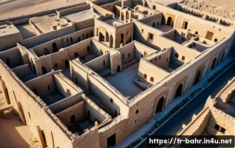 바레인의 역사적 발견 - A detailed aerial view of the ancient urban ruins of Qal'at al-Bahrain, showcasing well-preserved ci...