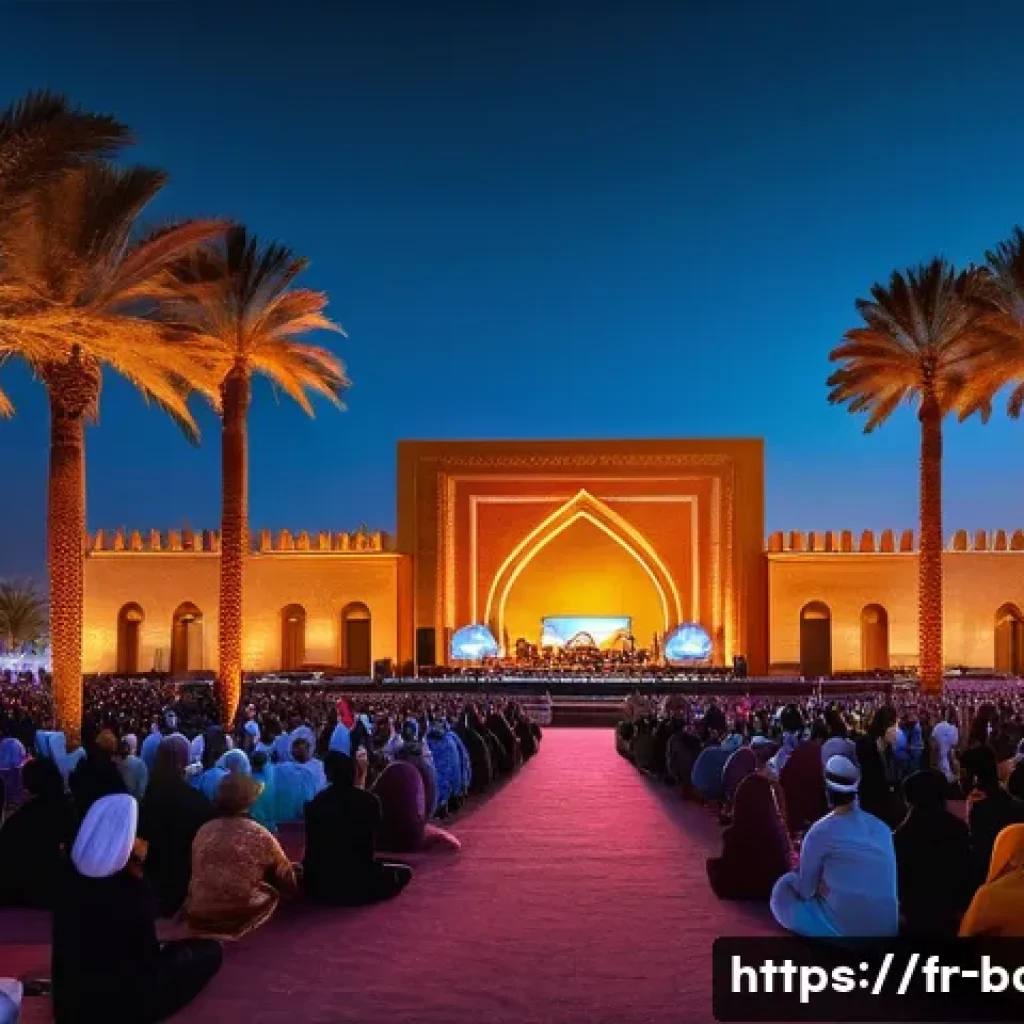 바레인의 음악 축제 - A vibrant outdoor music festival scene at dusk in Bahrain, featuring a large modern main stage illum...