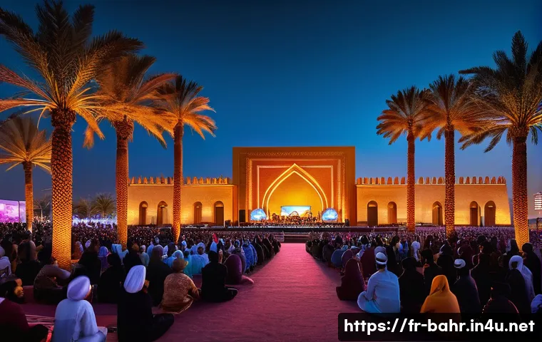 바레인의 음악 축제 - A vibrant outdoor music festival scene at dusk in Bahrain, featuring a large modern main stage illum...