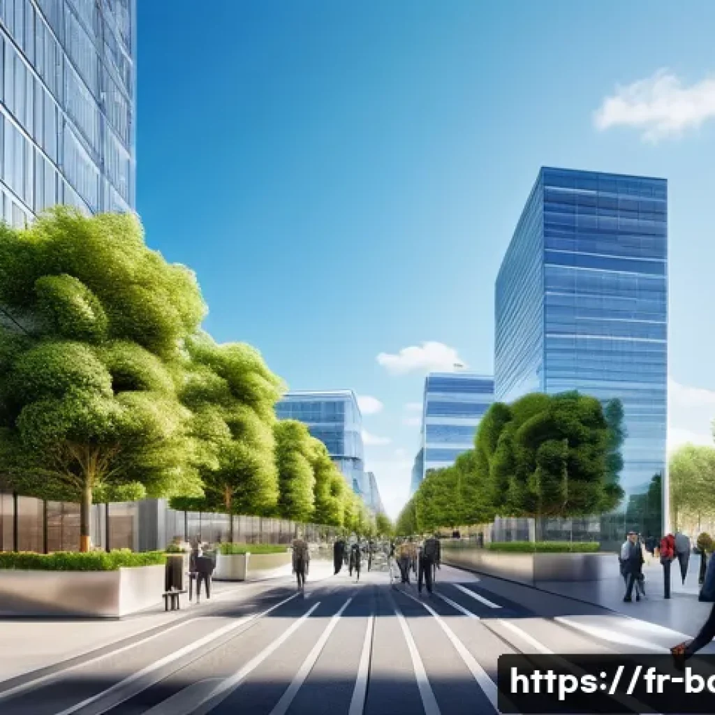 바레인의 상업 지구 - A bustling modern business district in a major French city, featuring sleek glass office towers and ...