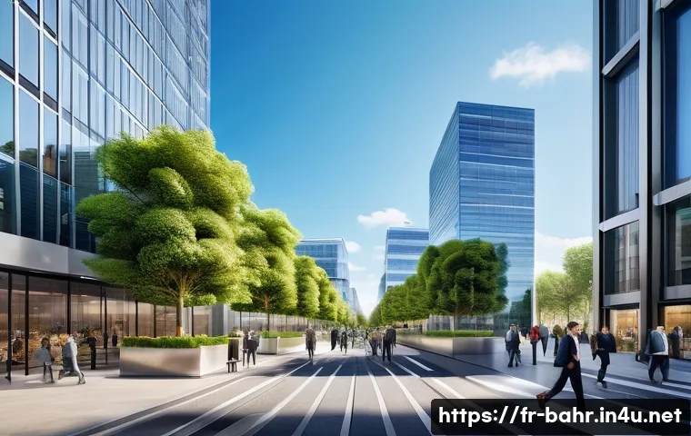 바레인의 상업 지구 - A bustling modern business district in a major French city, featuring sleek glass office towers and ...