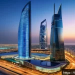 Home 20 바레인의 주요 금융기관 - A modern financial district in Bahrain at dusk, showcasing sleek skyscrapers with illuminated glass ...