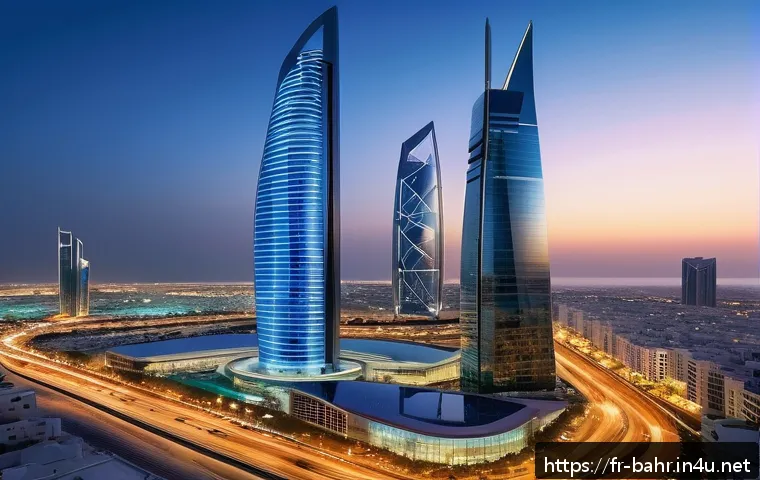 바레인의 주요 금융기관 - A modern financial district in Bahrain at dusk, showcasing sleek skyscrapers with illuminated glass ...