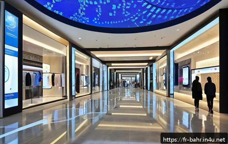 바레인 현대화된 쇼핑몰 - A futuristic Bahrain shopping mall interior showcasing advanced technology integration: sleek stores...