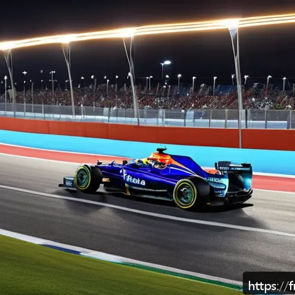 바레인의 자동차 문화 - A vibrant night scene at the Bahrain International Circuit during the Formula 1 Grand Prix, showcasi...