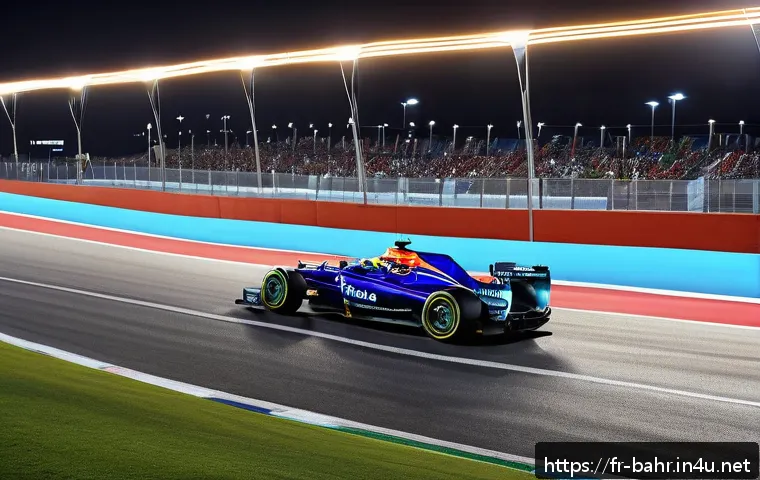 바레인의 자동차 문화 - A vibrant night scene at the Bahrain International Circuit during the Formula 1 Grand Prix, showcasi...