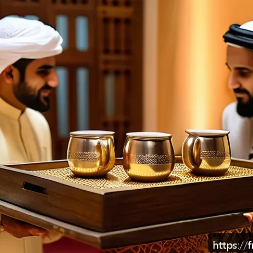 Home 17 바레인 독특한 커피 문화 - A traditional Bahraini coffee ceremony scene in a warmly lit room, featuring a host in traditional G...