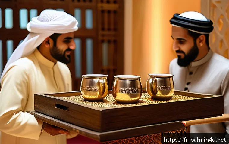 바레인 독특한 커피 문화 - A traditional Bahraini coffee ceremony scene in a warmly lit room, featuring a host in traditional G...