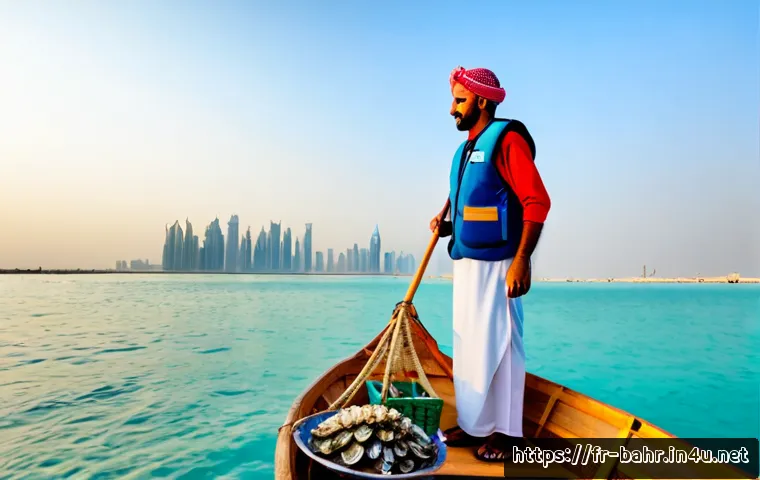 바레인의 독특한 체험 투어 - Photorealistic sunrise pearl-diving heritage tour in Bahrain, a small traditional wooden dhow floati...