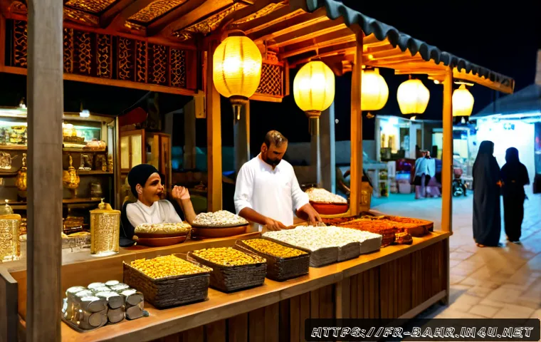 바레인의 야시장 탐방 - Photorealistic evening scene at a traditional Bahraini night market in Manama, warmly lit spice and ...