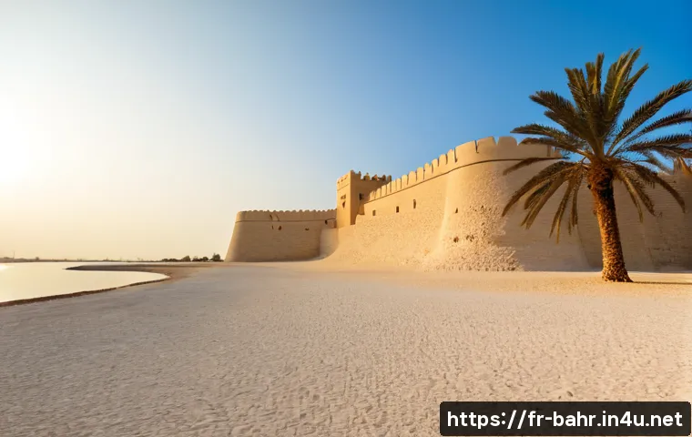 바레인 유명한 성곽 - Photorealistic wide-angle view of Bahrain Fort, an ancient sandy limestone fortress rising above a p...