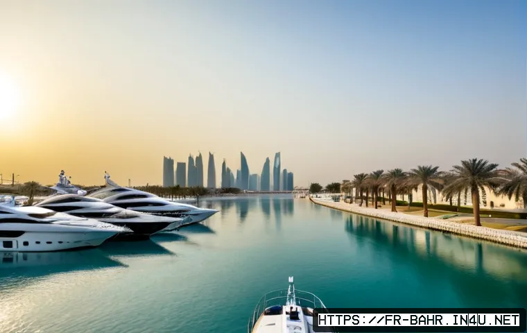 바레인의 마리나 - Photorealistic wide-angle view of a modern marina in Manama, Bahrain, elegant white yachts moored be...